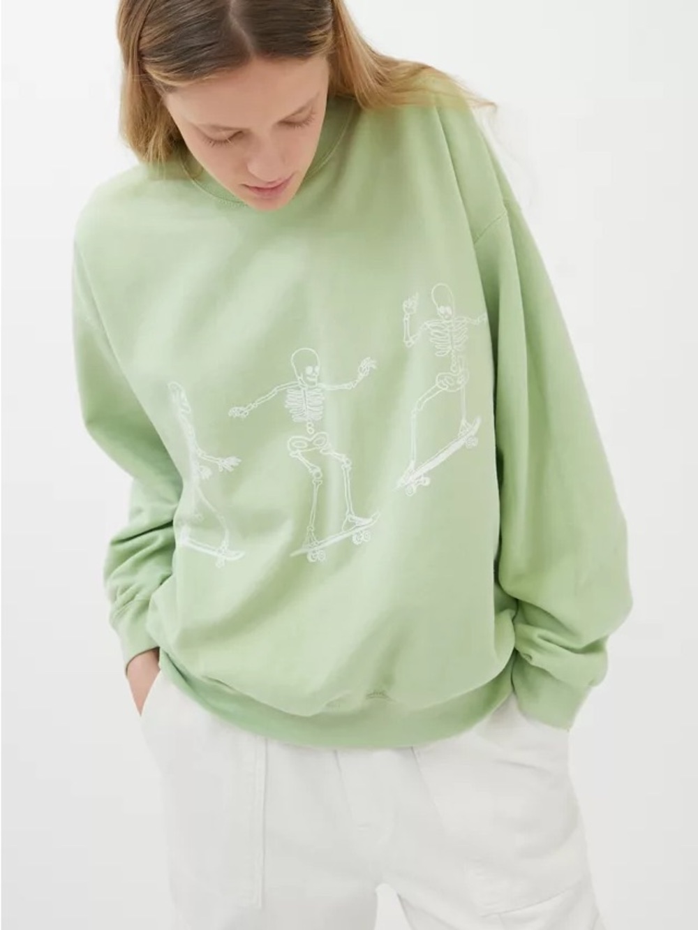 Project Social T & Urban Outfitters Green Skeleton Skate Crewneck Sweater (L/XL)